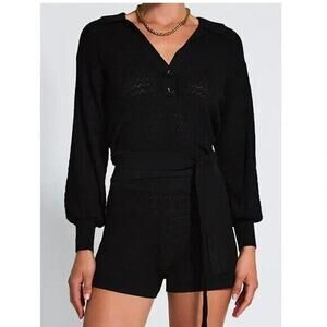 Devon Windsor Juliet Black Top Small Polo Long Sleeve Sweater Pullover Open Back